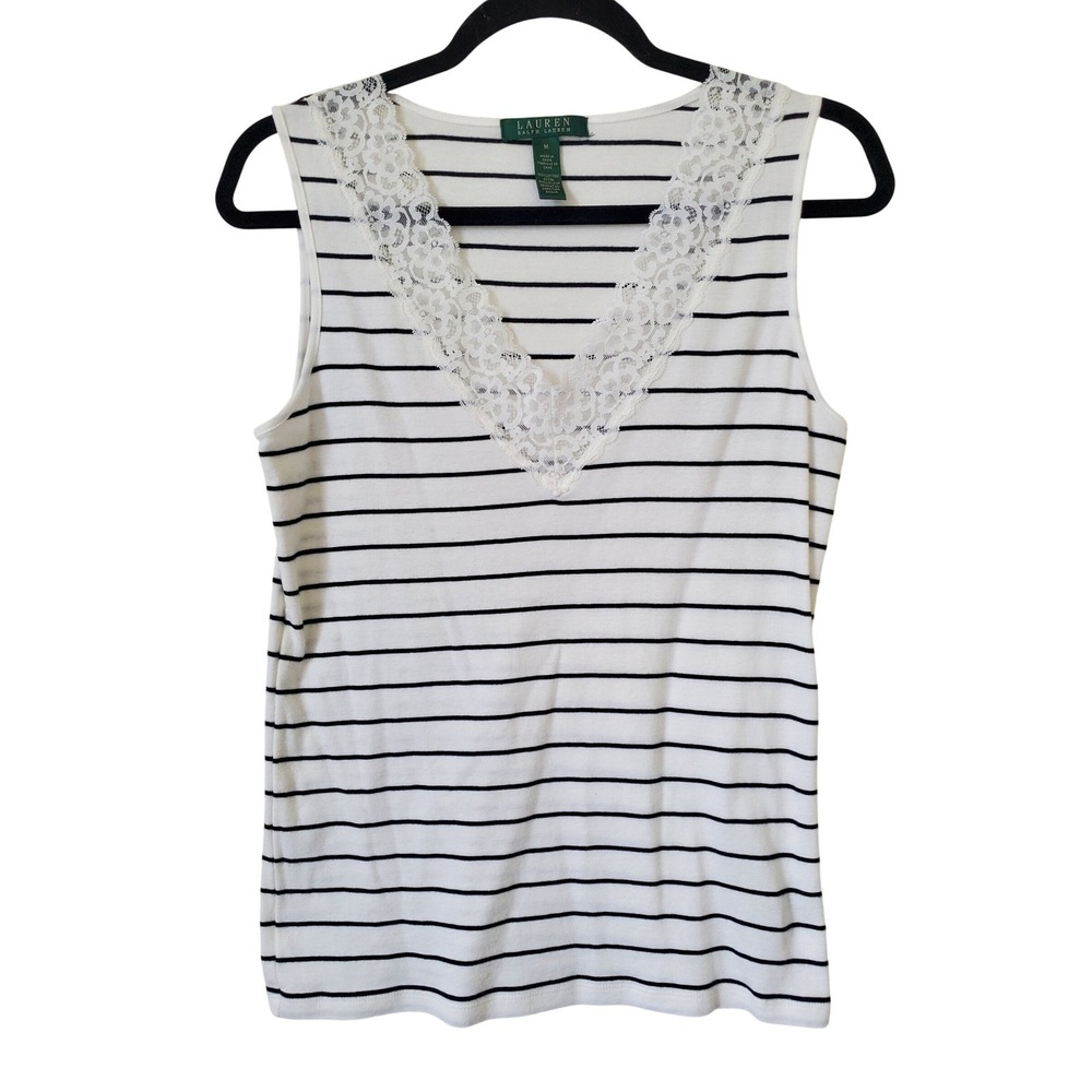 Lauren Ralph Lauren White and Black Striped Lace V-Neck Tank